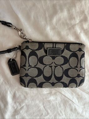 Coach Black and Tan Signature Canvas Wristlet with Leather Strap